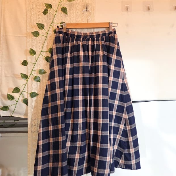 네이비 핑크 체크 롱스커트