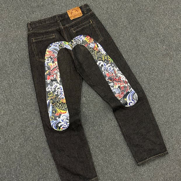 32)에비수 빈티지 빅 다이콕 드래곤 프린팅 셀비지 흑청 데님팬츠