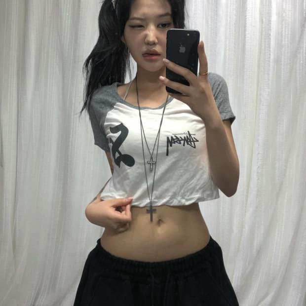 스투시 프린팅 크롭 그레이 탑