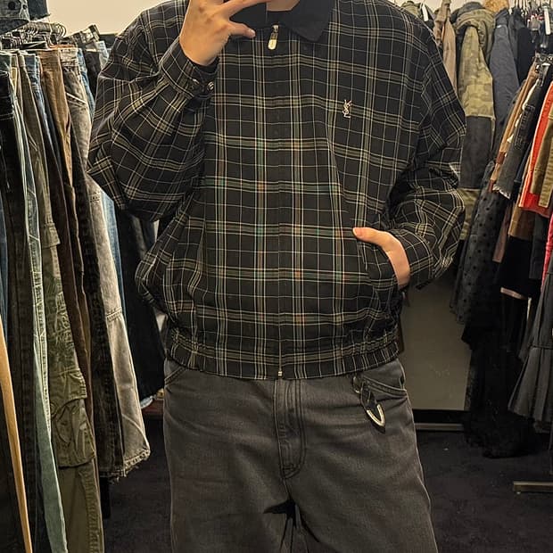 입생로랑 체크 폴리쉘 블루종 봄버 워크 자켓 점퍼 카라 집업 100 L