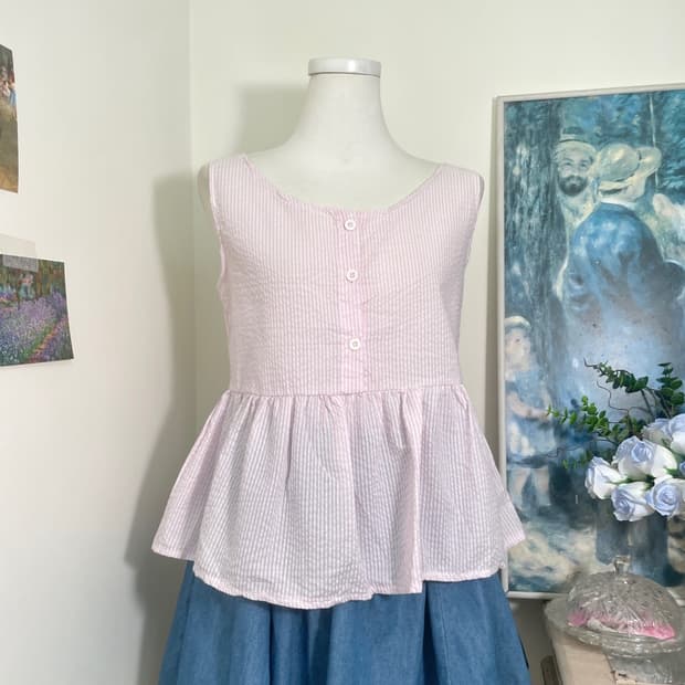 baby pink stripe bow point sleeveless bl