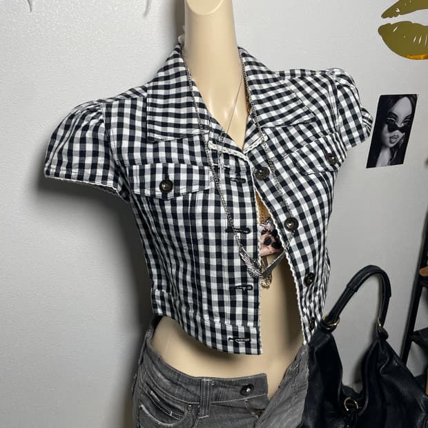 Rose fan fan 체크 반팔 자켓