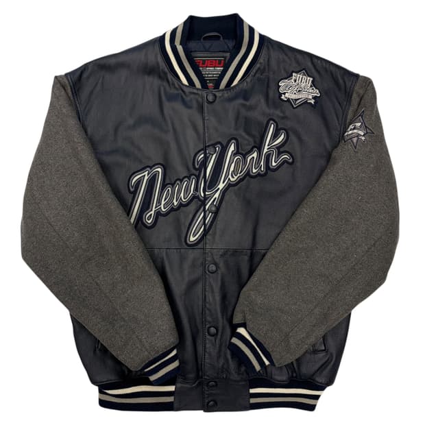 00s 푸부 올드스쿨 뉴욕 양키스 네이비 울 레더 바시티 자켓 M