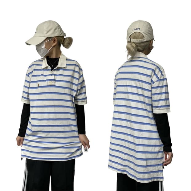 폴로 랄프 로렌 화이트 블루 줄무늬 단가라 반팔 피케이티 카라티 L