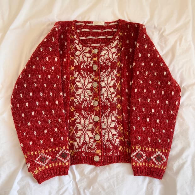 빈티지 헤리티지 레드 노르딕 울 니트 가디건
