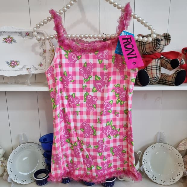 RONI 핑크 체크 꽃무늬 끈나시