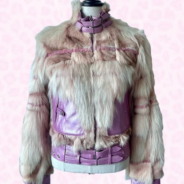 2000s vintage Y2K 핑크 폭스퍼 레더 바이커 베스트 히메갸루