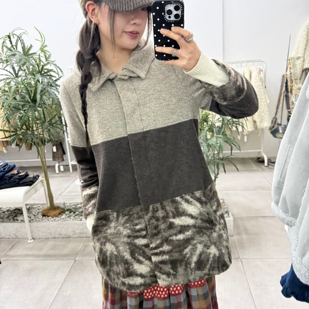 JPN chamois v 모헤어 브라운 배색 후드 하프코트 숏코트 