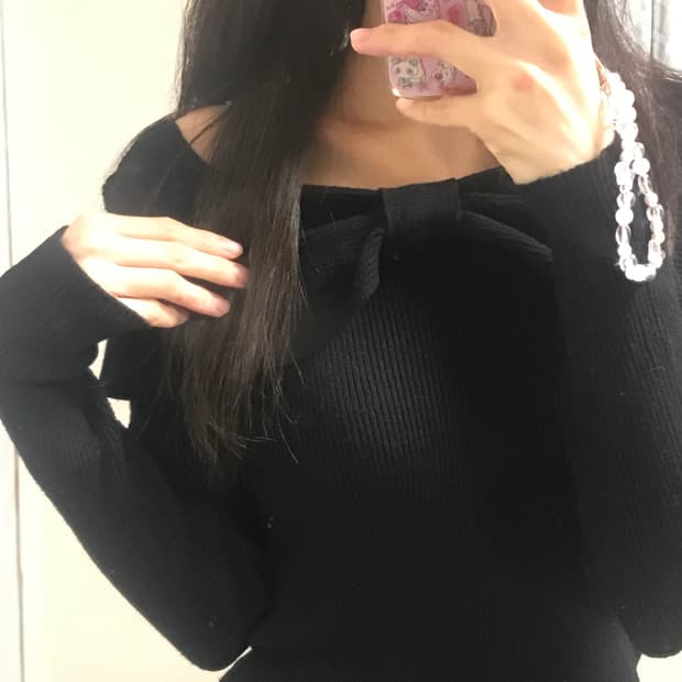 빈티지 리본 보석 오프숄더 니트 긴팔 티셔츠 히메갸루 로걀 라떼 긱시크