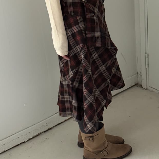 일본빈티지 노바체크 울 언발 미디스커트