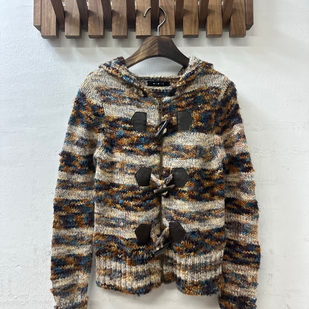 일본빈티지 멀티컬러 울 혼방 후드 더플 니트 집업 떡볶이 토글 후드