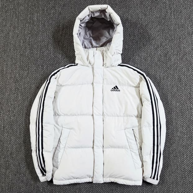 아디다스 Adidas 아이보리 화이트 삼선 퍼프 다운 패딩