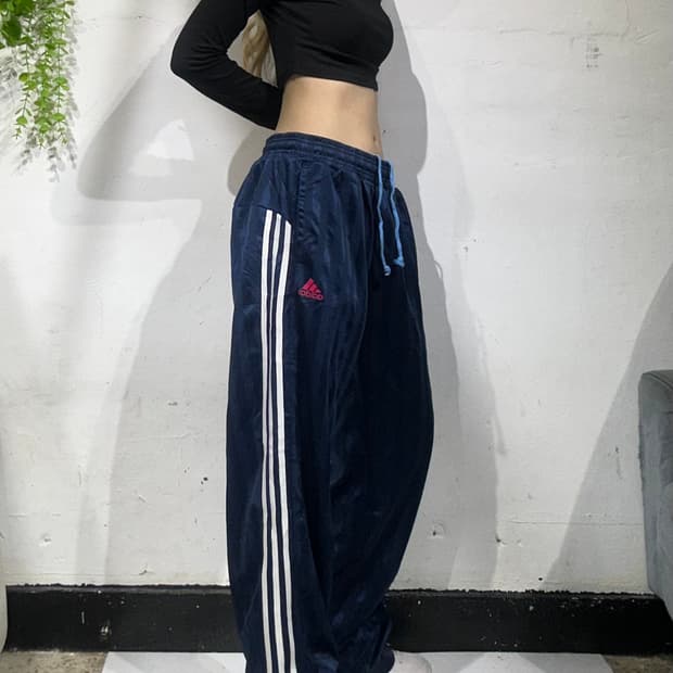 아디다스 네이비 핑크 스몰 로고 화이트 삼선 와이드 트랙 팬츠 L