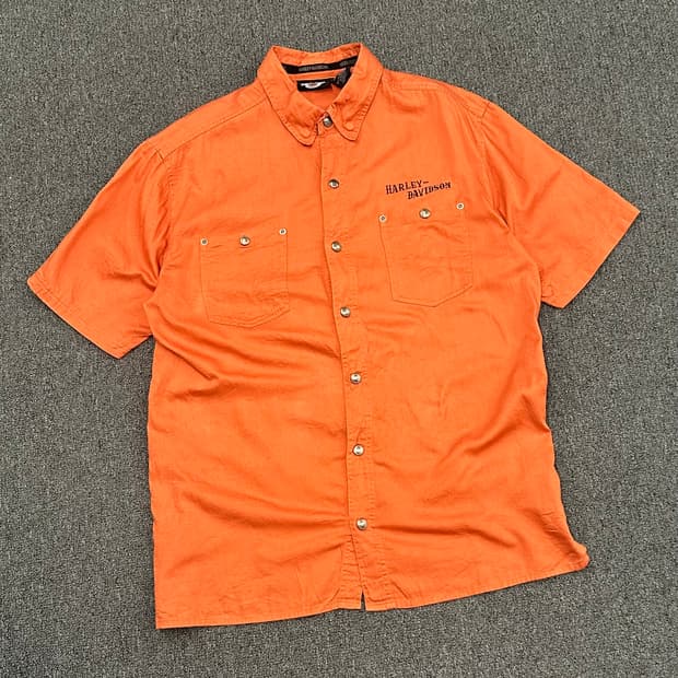 L)할리데이비슨 vintage 자수 디테일 오렌지 워크 반팔셔츠
