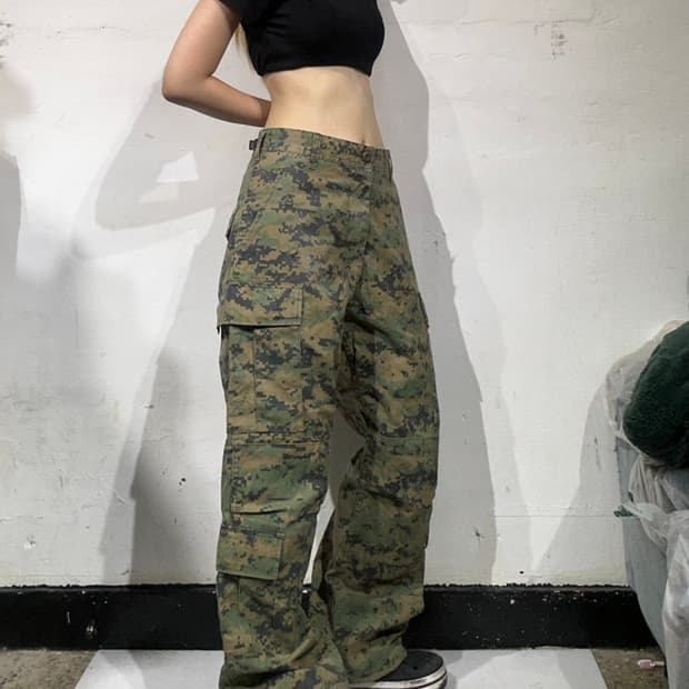 빈티지 카키 베이지 카모 와이드 카고 팬츠