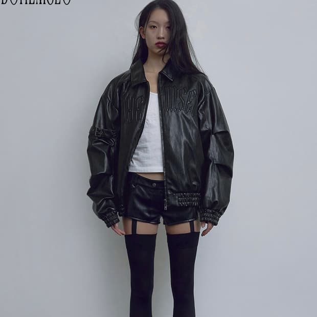 보헤미안서울 엠보 로고 레더 점퍼,블랙