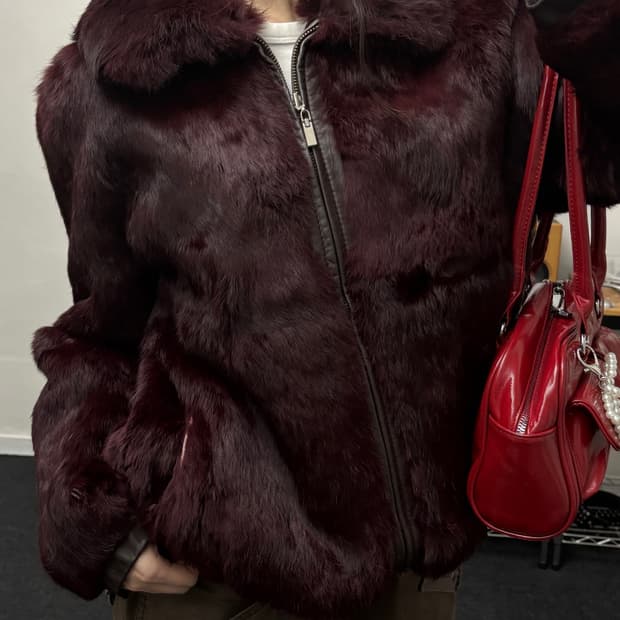 올드 빈티지 버건디 리얼 래빗 퍼 레더 자켓