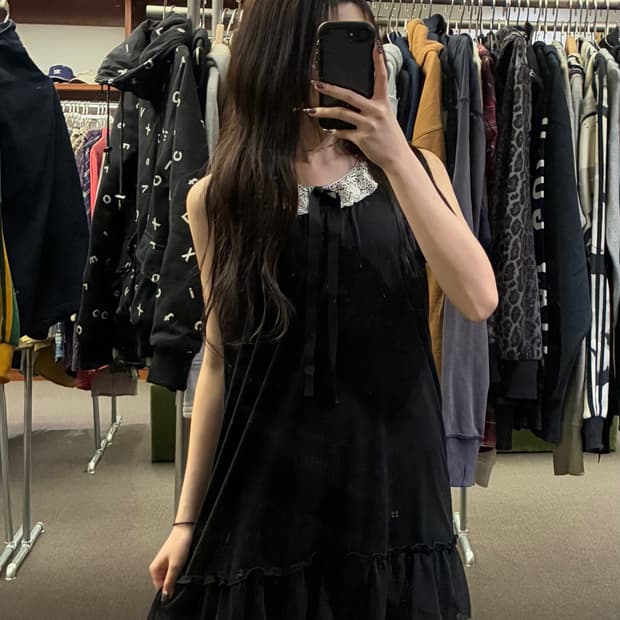 3L)Japanese vintage 블랙 레이스 디테일 나시 원피스