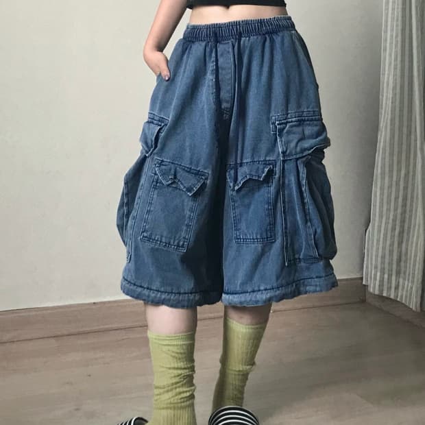Cotton denim double pocket wide bermuda 