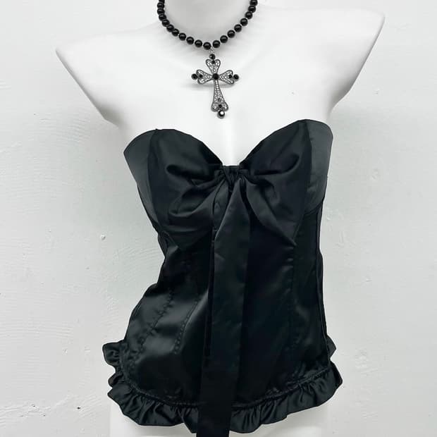 블랙 고딕 새틴 프릴 리본 코르셋