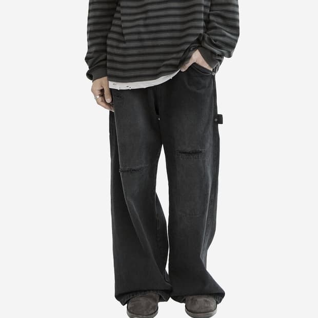 4) 폴리테루 데미지드 카펜터 팬츠 워시드 블랙