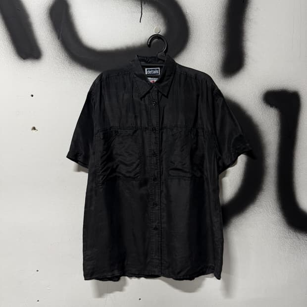 VTG 빈티지 100% 실크 올블랙 미니멀 반팔 셔츠