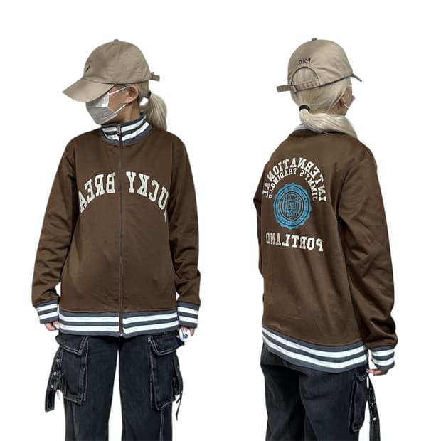 일본 빈티지 SHISKY 자수 프린팅 오버핏 브라운 트랙탑 져지 M