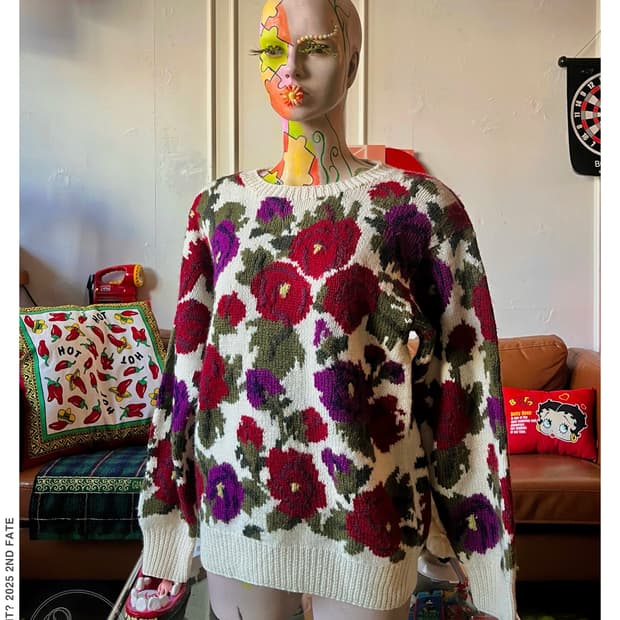 1970-80s Jpn Rose Floral Wool Sweater