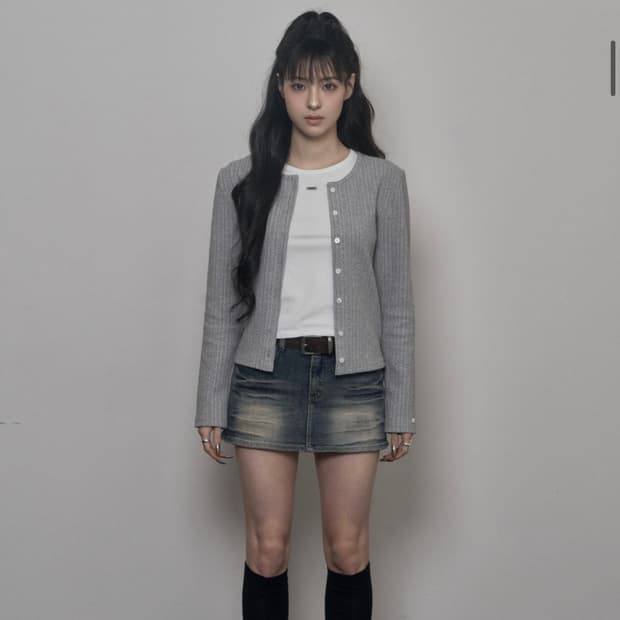 카키포인트 자가드 가디건 그레이