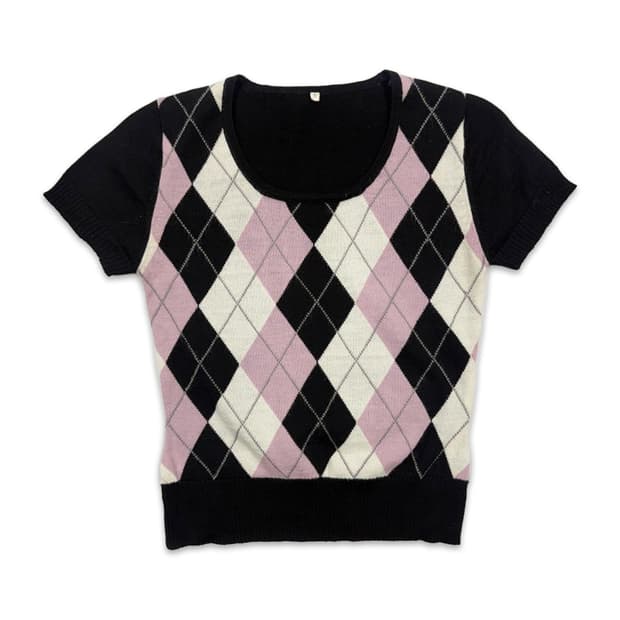빈티지 핑크 블랙 아가일 반팔 니트