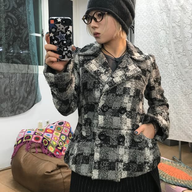 it’a 빈티지 여성 더블버튼 체크 숏코트 