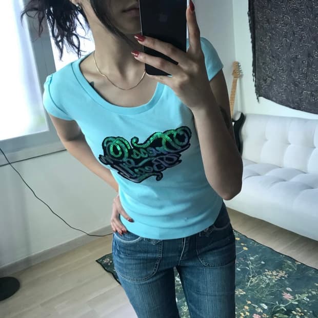 Vintage 민트 블루 갸루 스팽글 반팔