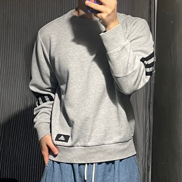 아디다스 그레이 블랙 삼선 퓨처아이콘 코튼 블렌드 스웻 맨투맨 티셔츠 L
