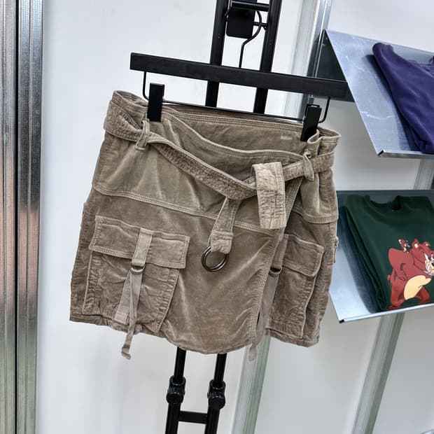 khaki velour pocket wrap skirt