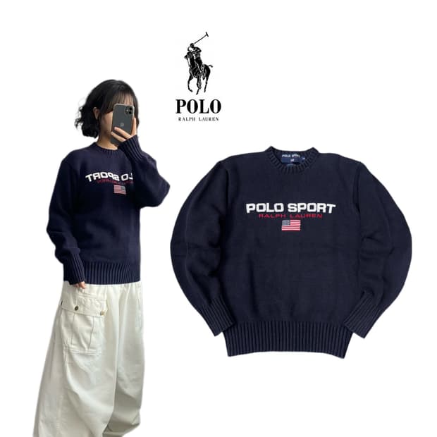 폴로 스포츠 90s 빅로고 성조기 코튼 니트