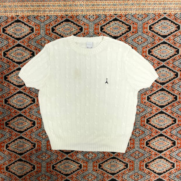 엘르 화이트 꽈배기 반팔 니트 여성L