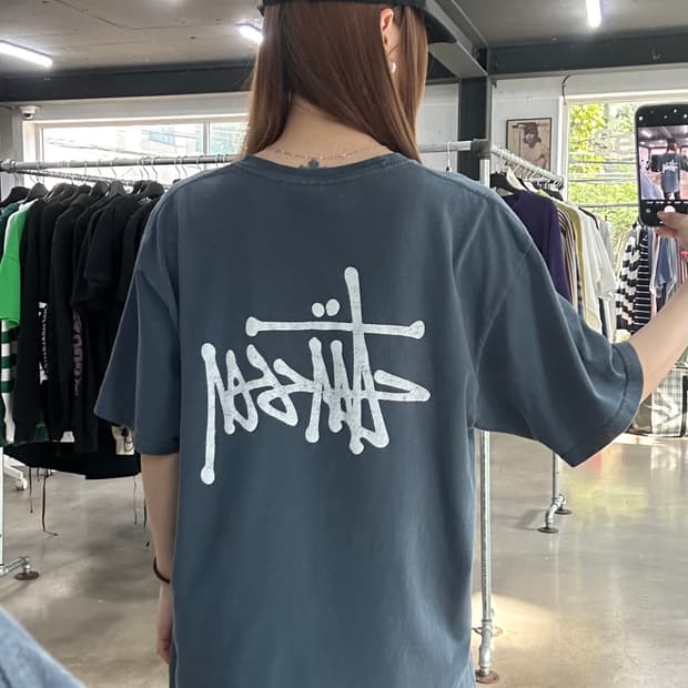 스투시 스탁 백로고 반팔티 블루그레이