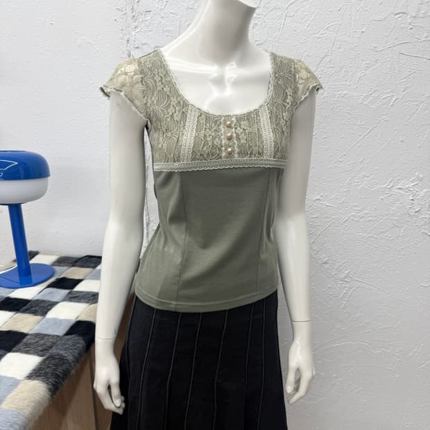 빈티지 weaver 카키 레이스 슬림 블라우스