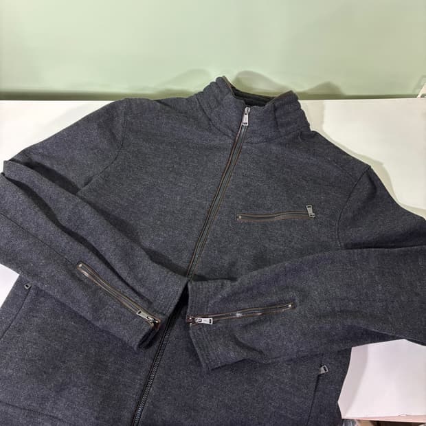 XL 폴로 랄프로렌 블랙라벨 차콜 가죽배색 울 헤링본 라이더자켓 