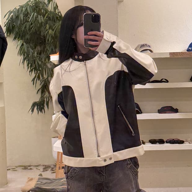 빈티지 투톤 미니멀 레더 자켓 U252