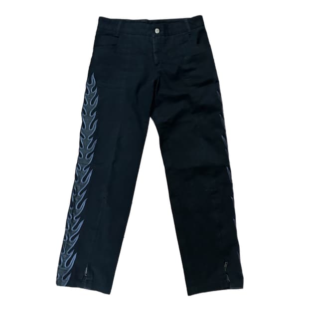 펑크 블랙불꽃 자수 지퍼 팬츠