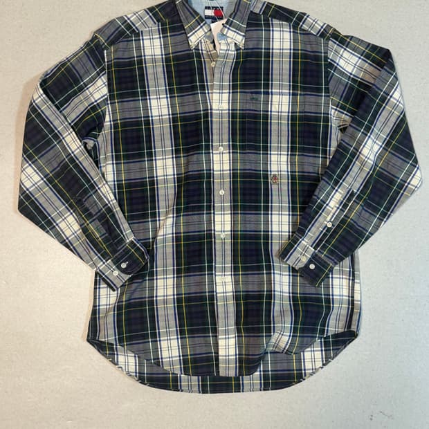 타미힐피거 빈티지 자수로고 컬러블록 타탄 체크 셔츠 네이비 m