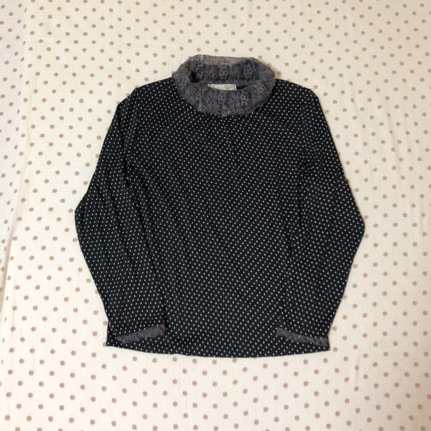 빈티지 포춘쿠키 도트 레이스 목폴라 슬리브