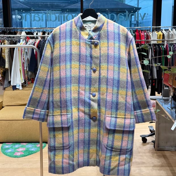 쿠레쥬 멀티컬러 체크 울 코트 