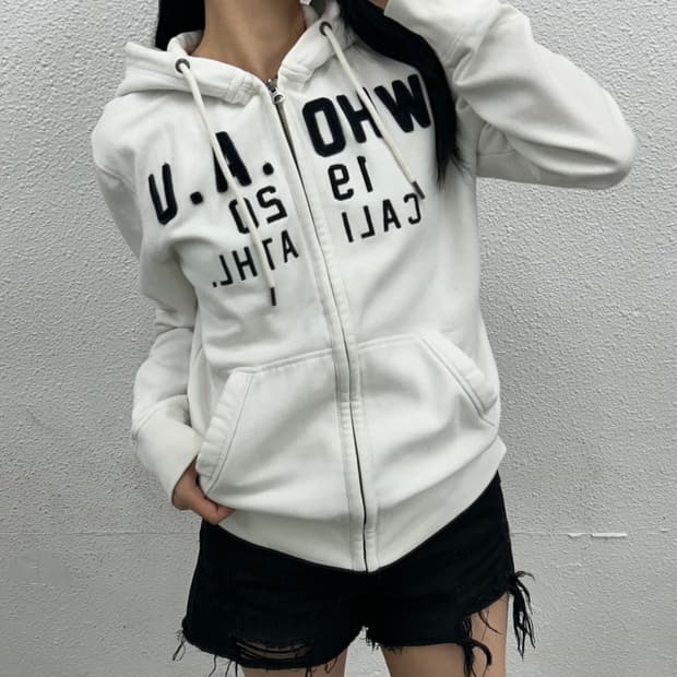 후아유 센터로고 화이트후드집업 M