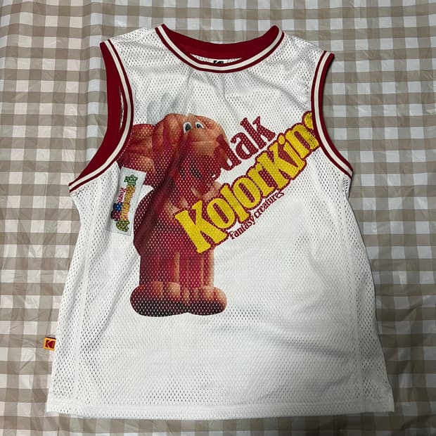 코닥 매쉬소재 조끼 M 나시 빈티지 화이트 레드 메쉬 Y2K