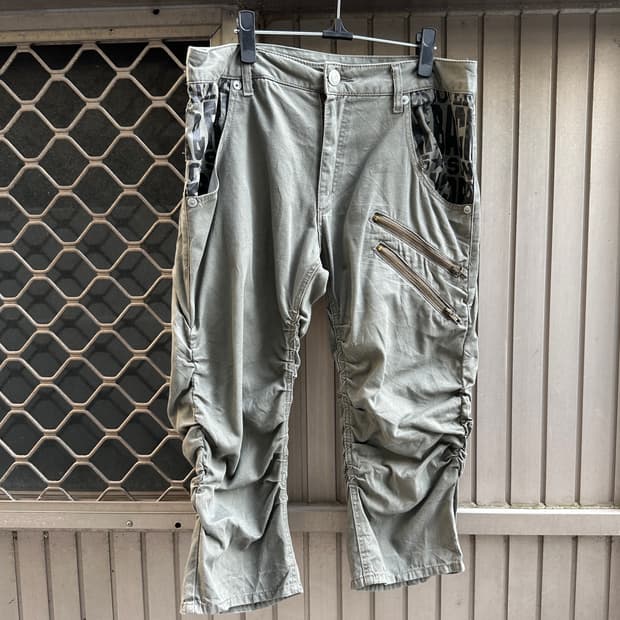 00s vintage khaki shirring zipper pants