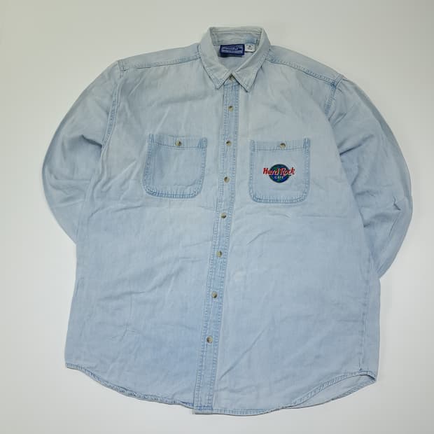 CL393 XL 하드락카페 90s 워싱턴DC 라이트블루 데님셔츠 남방