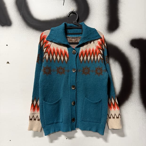 VTG 빈티지 히피 에스닉 패턴 투포켓 빅카라 니트 가디건