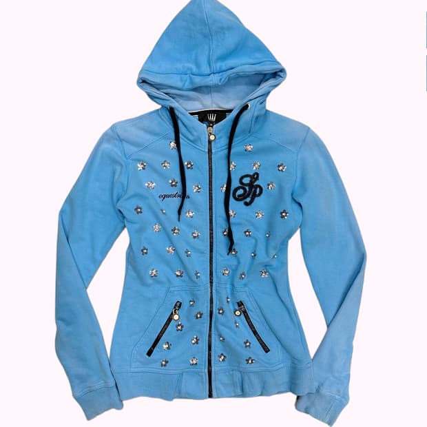 spangle flower blue hood zip-up